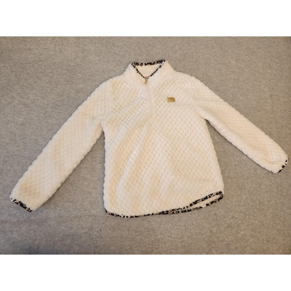 Juicy‎ Couture Pullover Youth 6 Ivory Fleece Half Zip Leopard Trim Sherpa Plush